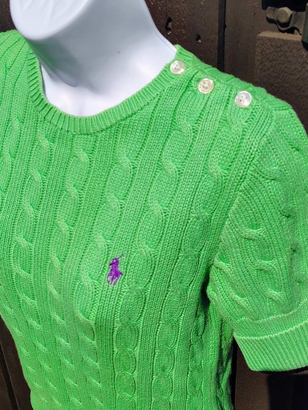 Ralph Lauren Bright Green Cable-Knit Crewneck Sweater with Shoulder Buttons